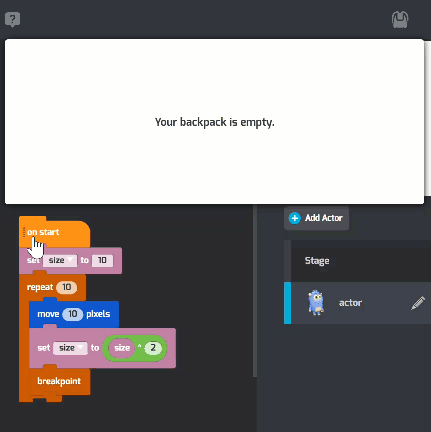 Animation showing how to save scripts and actors in the Backpack 