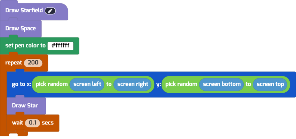 The Draw Starfield function calls both Draw Space and Draw Star. Functions are powerful ways of organizing your code!