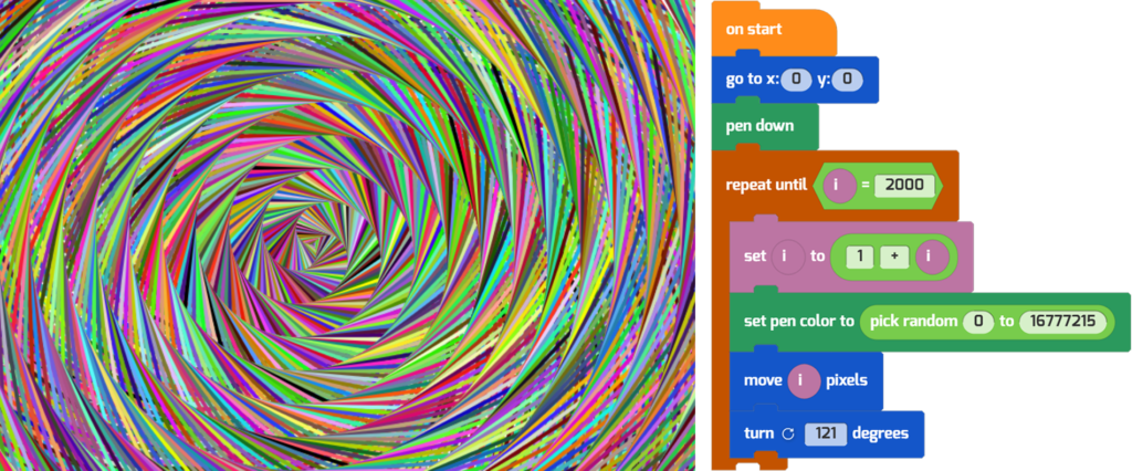 A colorful spiral next to the program that generated it. The program moves and turns the pen in a loop to create the effect. 