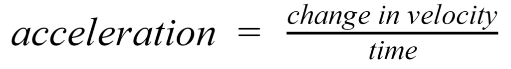 An equation showing acceleration's relationship to velocity and time. 

Acceleration = change in velocity over time