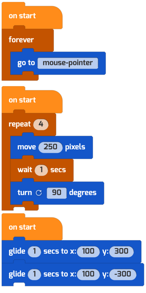 Three sample scripts to try out. 

On Start > Forever > Go To Mouse Pointer

Draw a Square

Glide to different locations