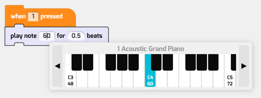 The note selector interface. Middle C is note 60