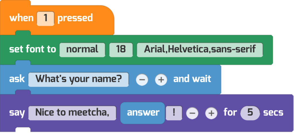 A program that greets the player, using Tynker's ask and answer blocks 