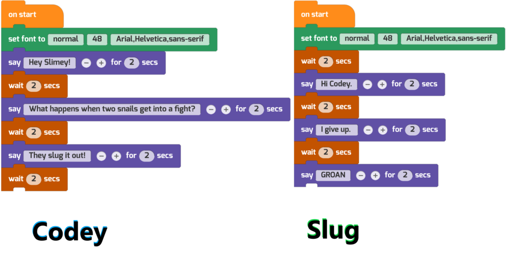 Two scripts showing how the joke was sequenced using wait blocks. 