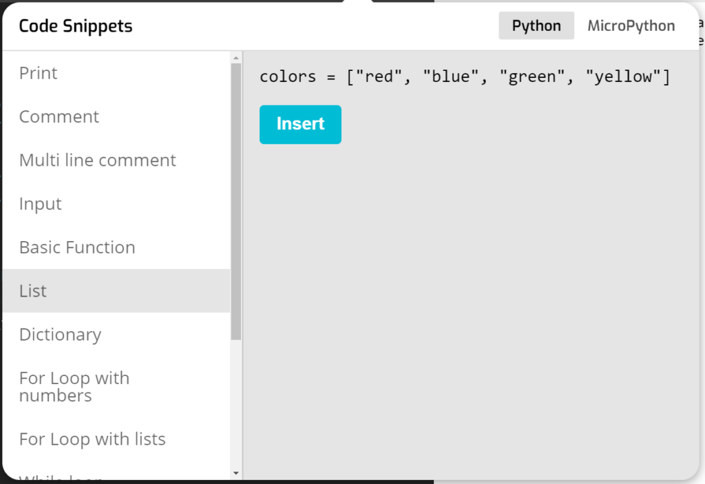 Tynker's code snippet interface has prebuilt code inserts