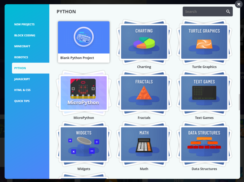 A screenshot displays Tynker's Python Tutorials, including Charting, Fractals, Text Games, and more