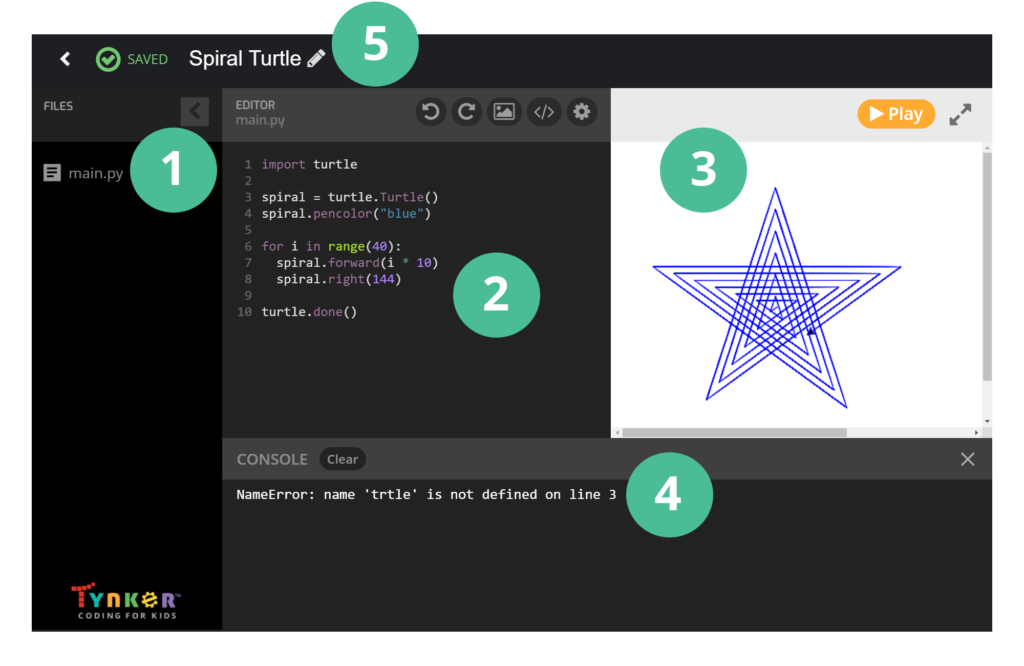 An annotated image of Tynker's Python Editor. 