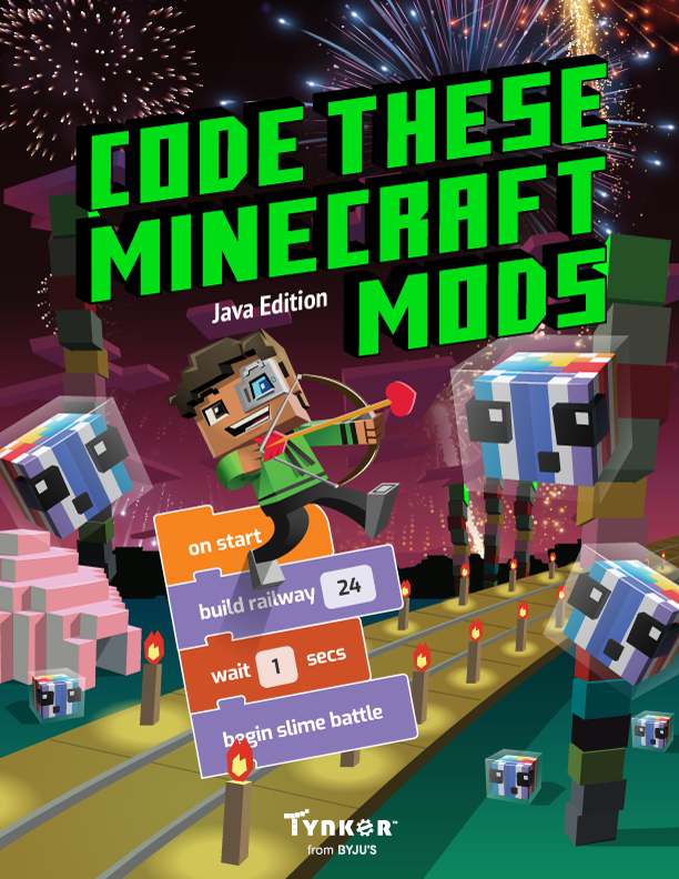 Front cover of Code These Minecraft Mods (Java Edition)

Colorful slimes bounce on a bridge, while fireworks explode in the sky