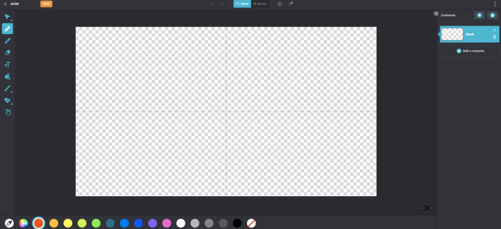 Tynker's Vector Drawing Tool shown with a blank screen. The pencil tool is selected, and color options appear at bottom