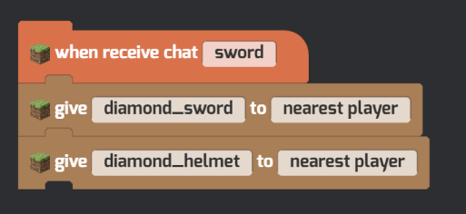 A short Tynker program written in Minecraft Education

When I receive the chat called "sword"
Give diamond sword to nearest player
Give diamond help to nearest player